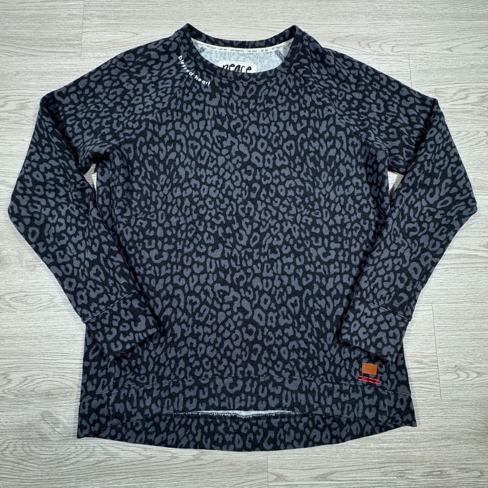 Peace Love World Women Sweatshirt‎ Grey Leopard Print XXS Thumbholes